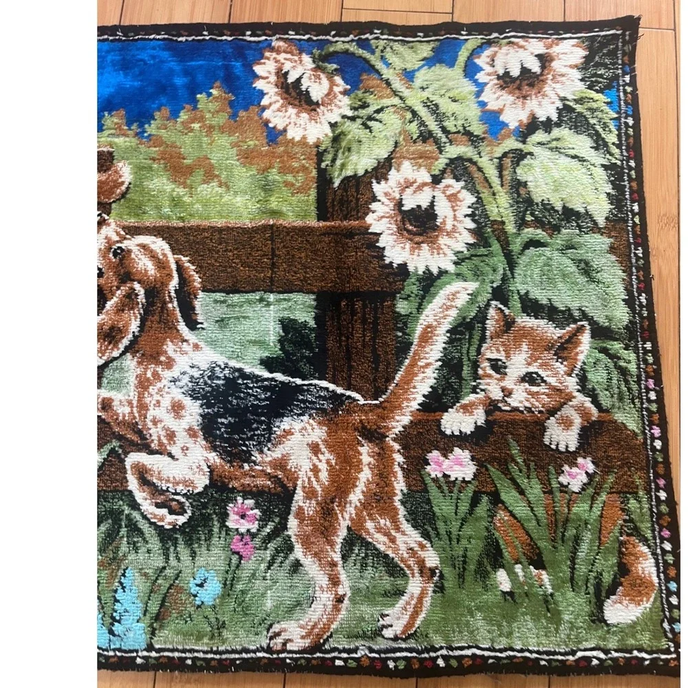 Vintage Velvet Tapestry Kittens Beagle Dog Garden Wall Hanging 38x19 Retro Decor